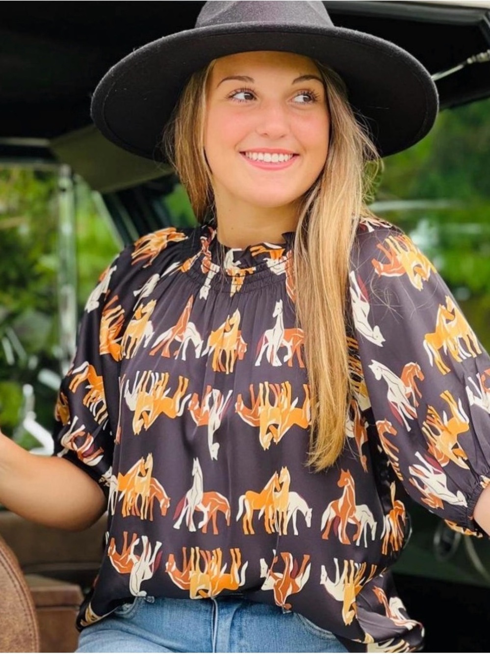 Women’s Black Horse-Print Smocked Neck Top THML Small